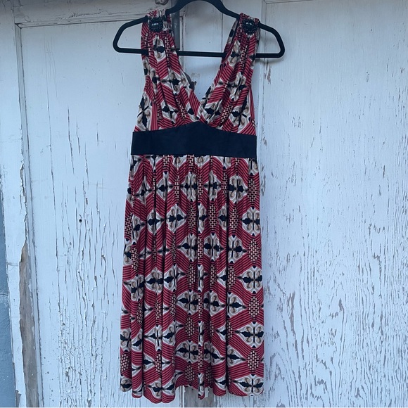 Badgley Mischka Midi Silk Dress Women’s 6 Red/Black Beaded Abstract Print Retro - Picture 12 of 16